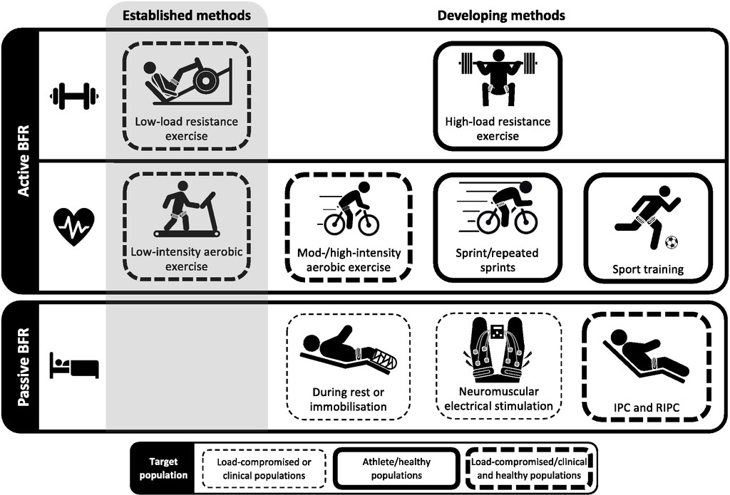 Schematic overview of the BFR methods that have been developed and assessed in scientific literature. BFR indicates blood-flow restriction; IPC, ischemic preconditioning; Mod, moderate; RIPC, remote IPC